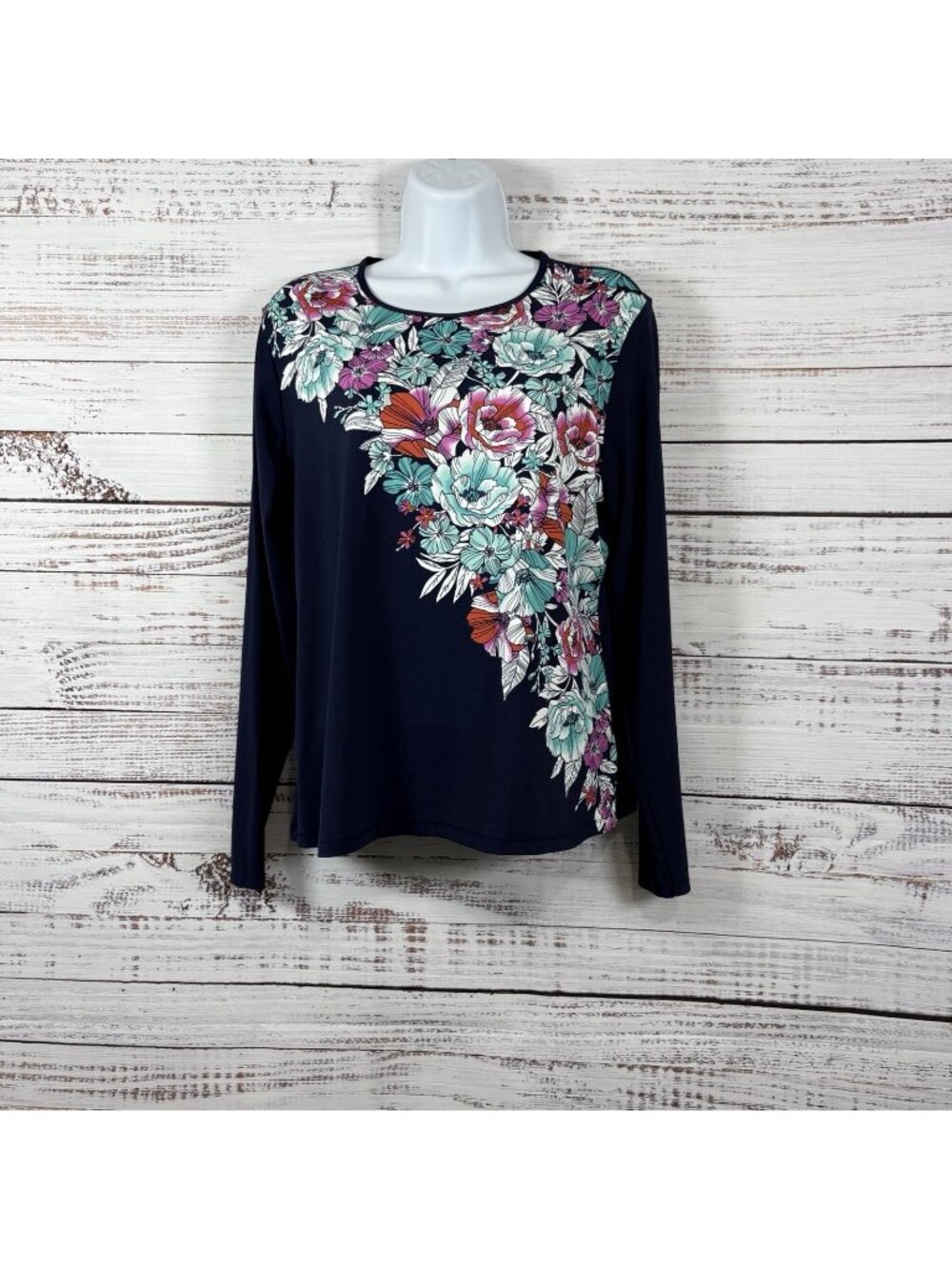Lands End Blue Blossom Floral UPF 50 Rash Guard Swim Top